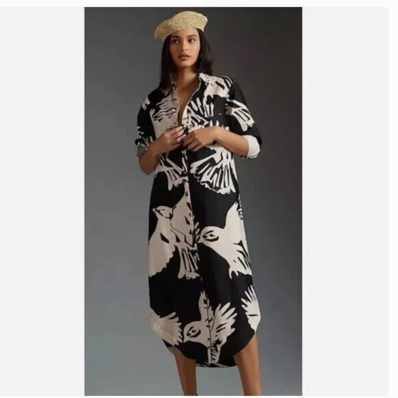 Anthropologie Maeve Soren Long Sleeve Bird Print Dress Size Medium P - Picture 3 of 12